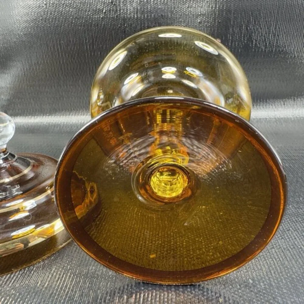 1980s Venetian Art Glass Tall Footed Dish Container Candy Dish Jar Amber Jeweled